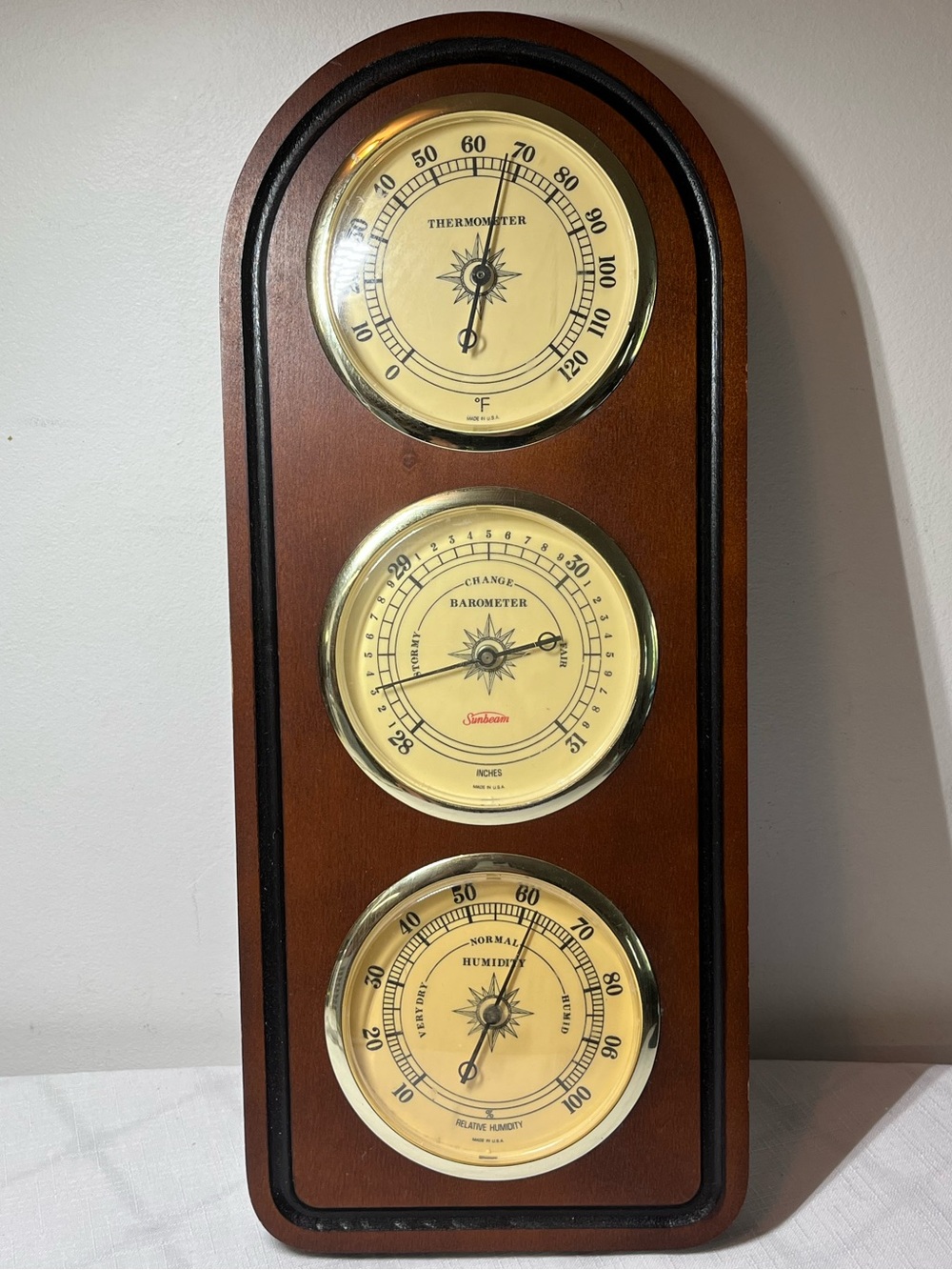 Vintage Sunbeam Brown Wood Triple Weather Station Wall Decor